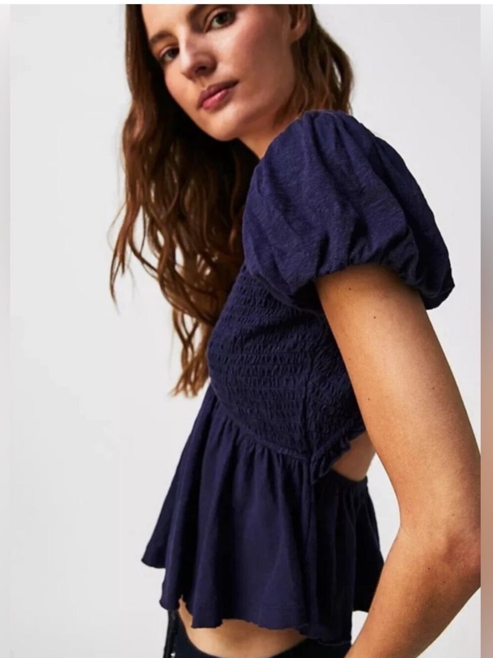 NWT FREE PEOPLE Charolette Top – Navy Blue Smocked Puff Sleeve Blouse | Size L